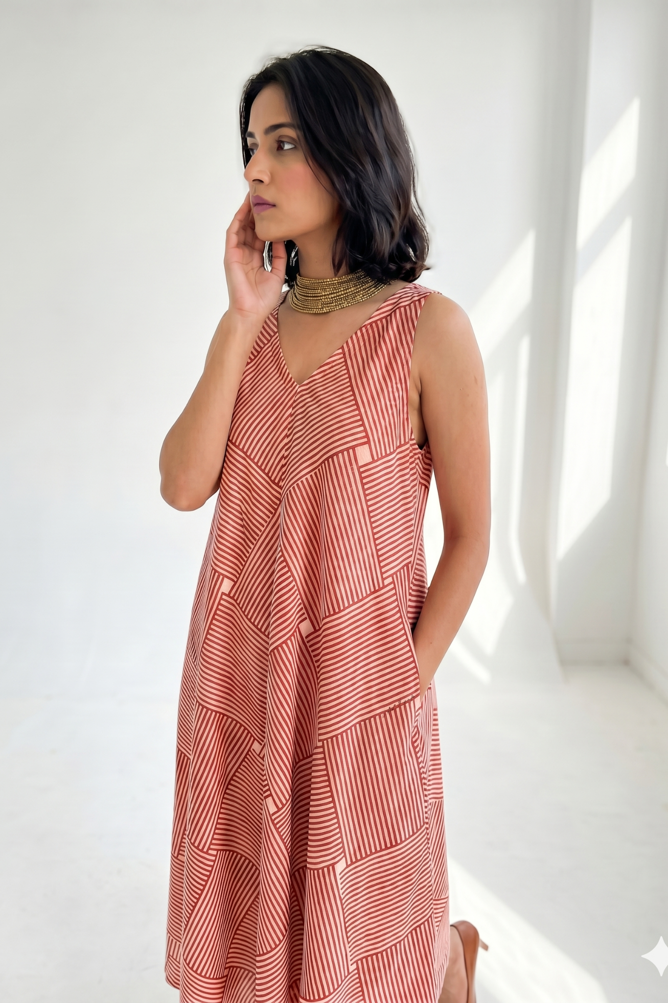 Crimson Grid Play Cotton Sleeveless Strap V-Neck Bias Dress