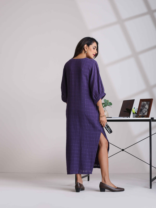 trueBrowns Purple Cotton Dobby Slit Dress LP