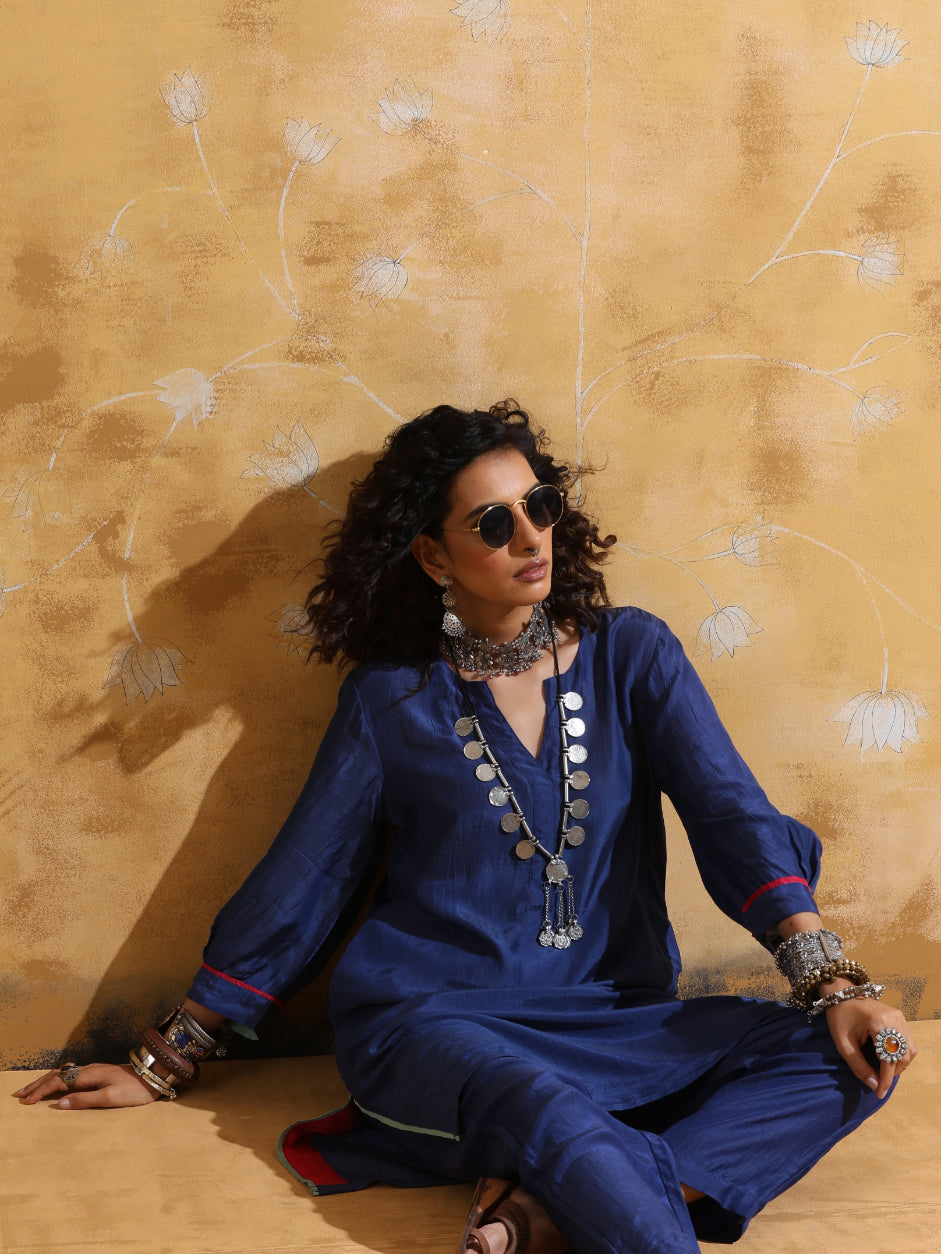 trueBrowns Blue Muslin Silk Relaxed Kurta Co-ord Set LP