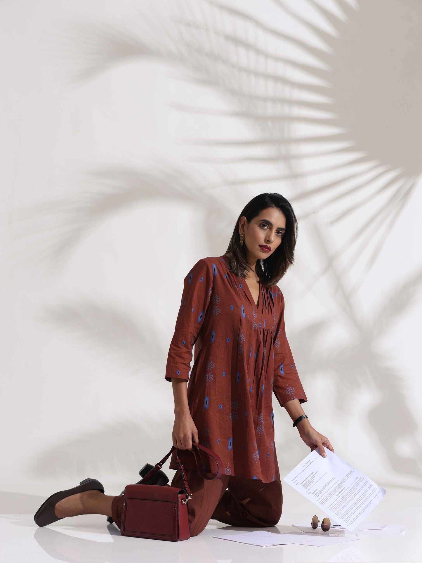 trueBrowns Brown Cotton Print Pleated Top & Pants Co-ord Set