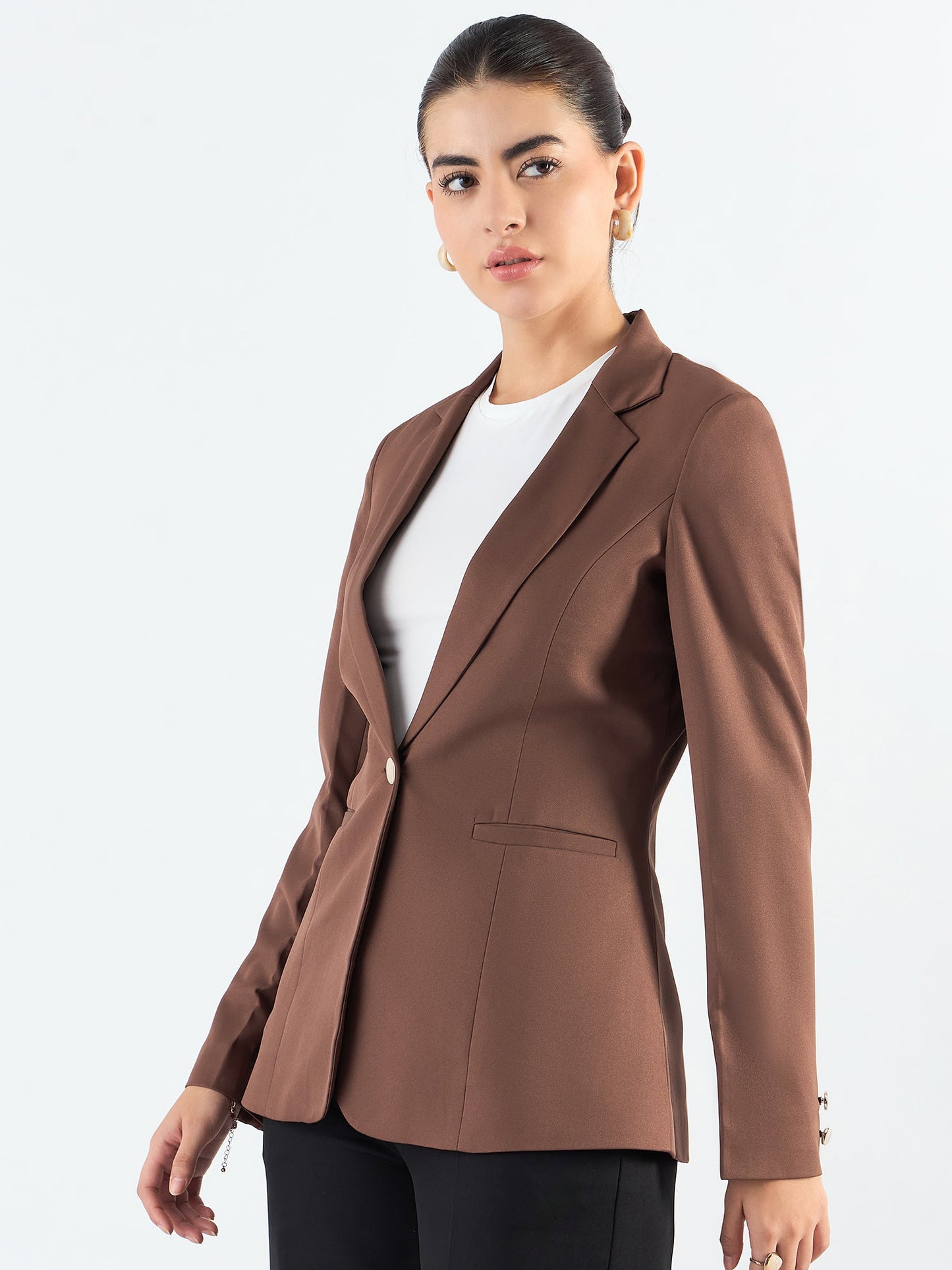 PowerSutra Brown Tailored Fit Notched Lapel Blazer In Stretchable Fabric