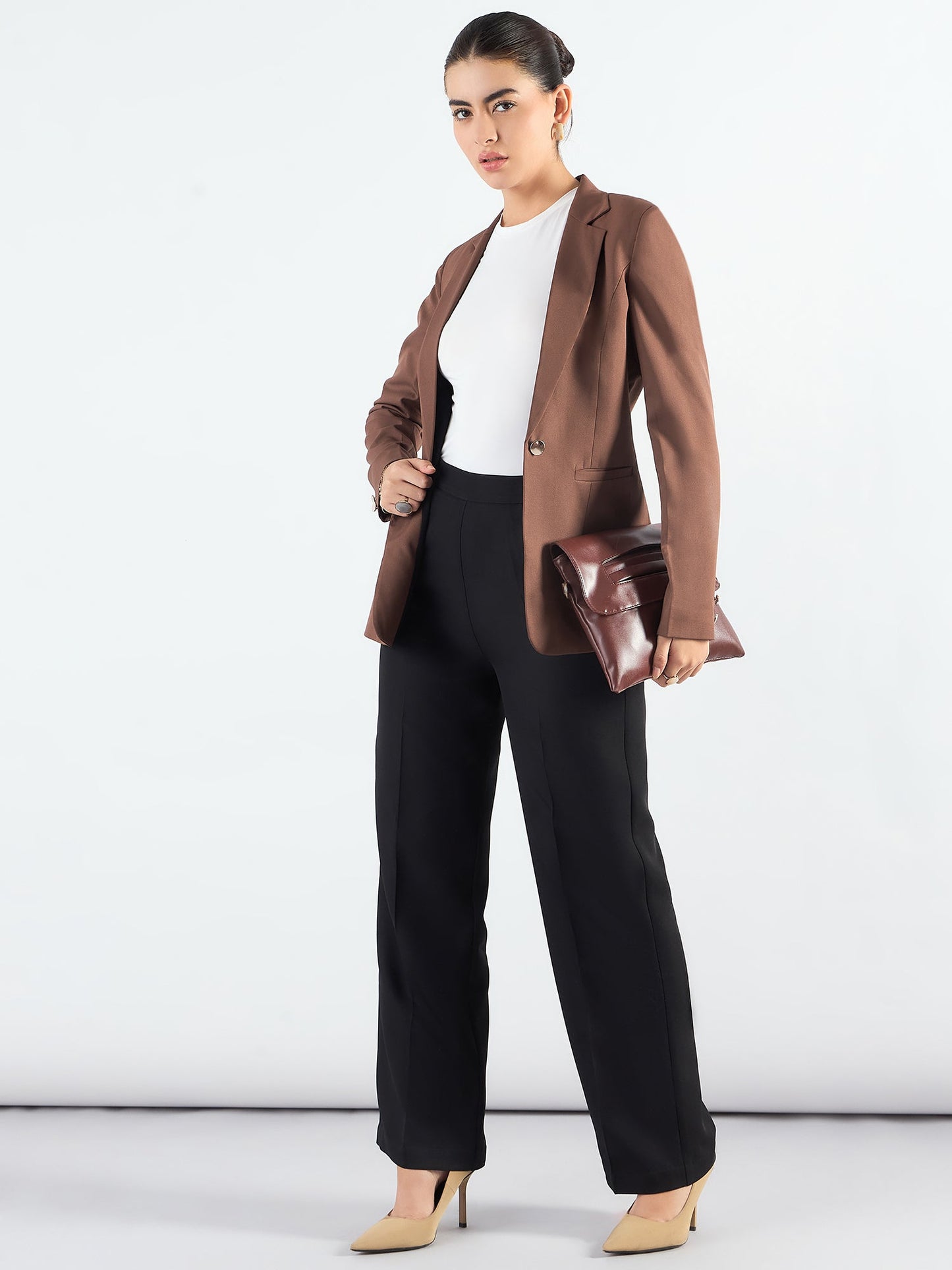 PowerSutra Brown Tailored Fit Notched Lapel Blazer In Stretchable Fabric