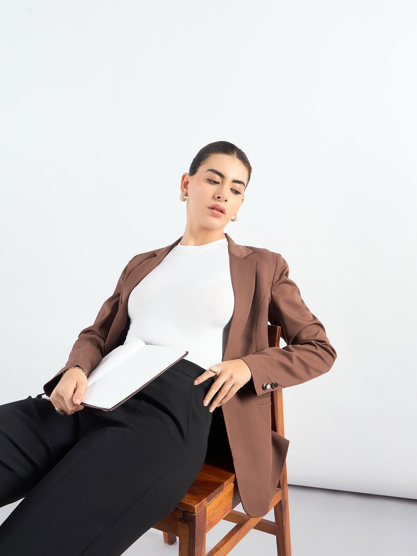 PowerSutra Brown Tailored Fit Notched Lapel Blazer In Stretchable Fabric