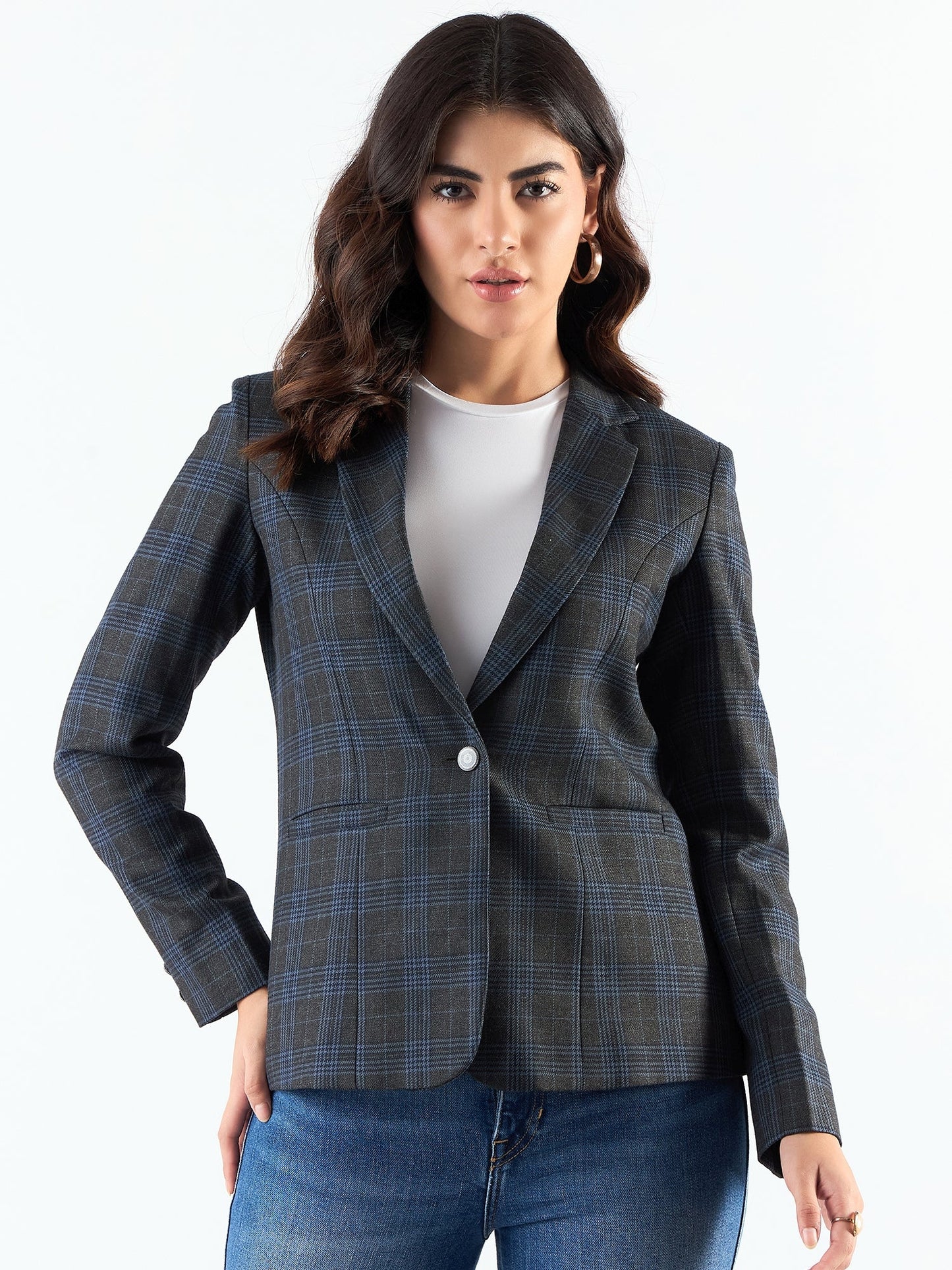 PowerSutra Classic Notched Collar Checkered Blazer In Woolen Plaid