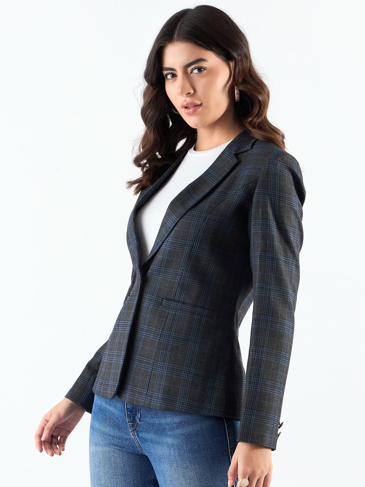 PowerSutra Classic Notched Collar Checkered Blazer In Woolen Plaid
