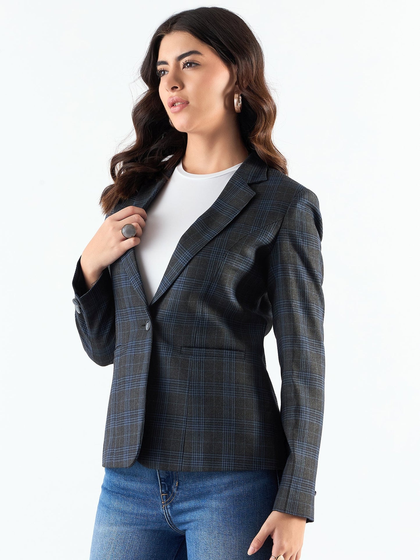PowerSutra Classic Notched Collar Checkered Blazer In Woolen Plaid