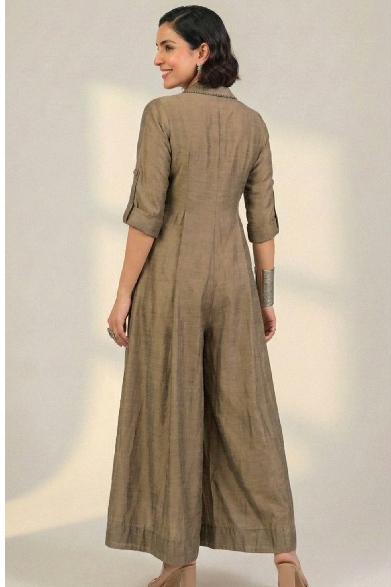 Maati Beige Luxe Silk Slub Jumpsuit With Pockets & Collar