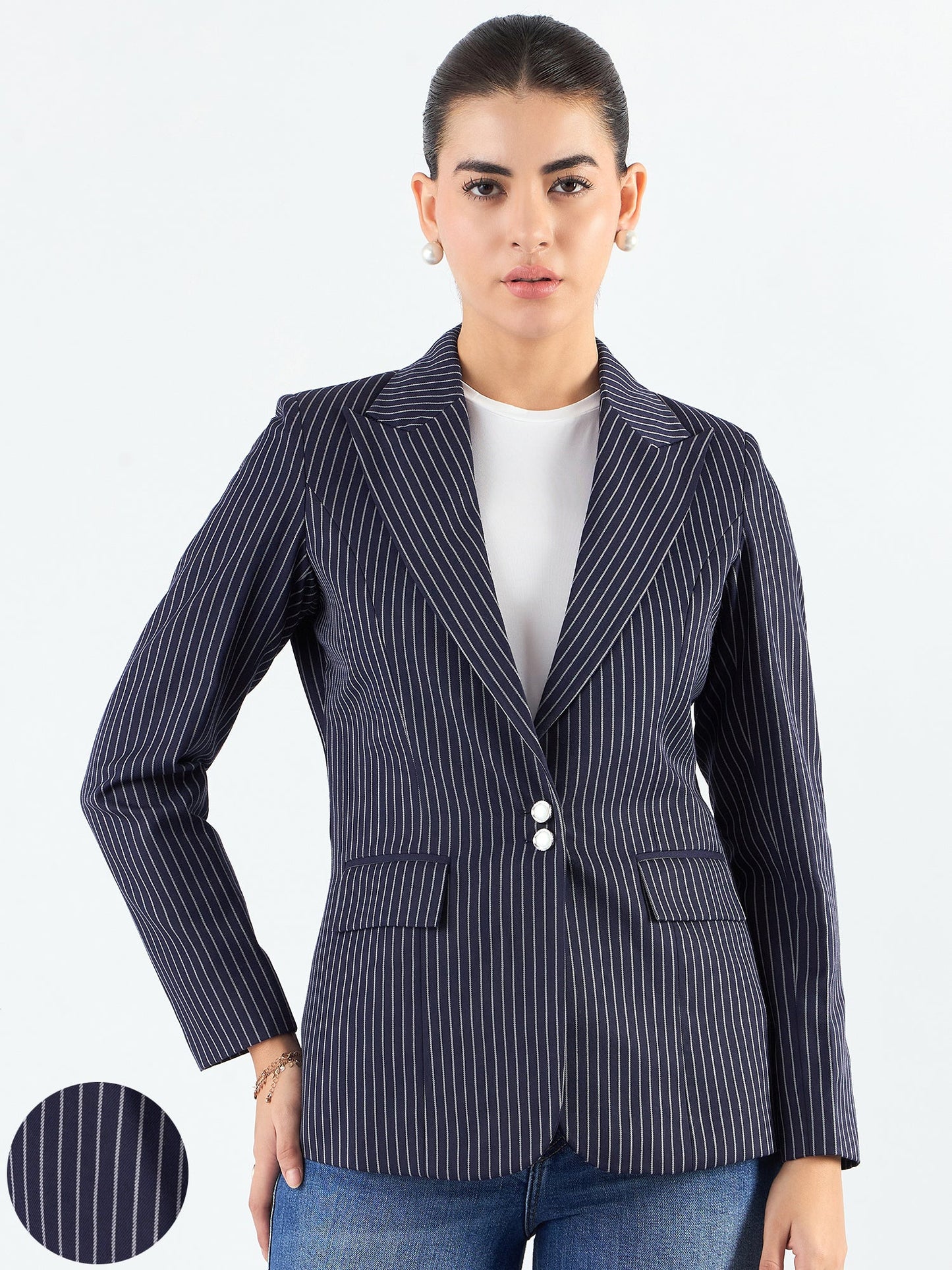 PowerSutra Blue-Striped Structured Blazer With Notched Lapel