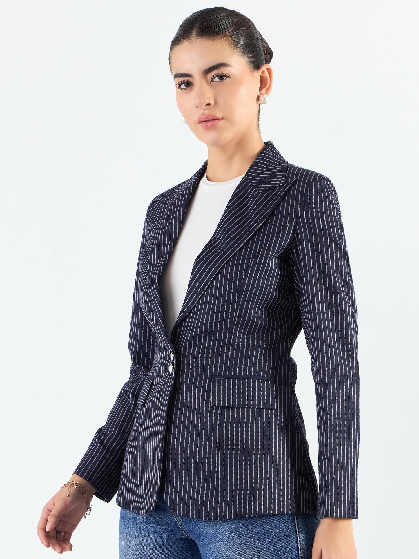 PowerSutra Blue-Striped Structured Blazer With Notched Lapel