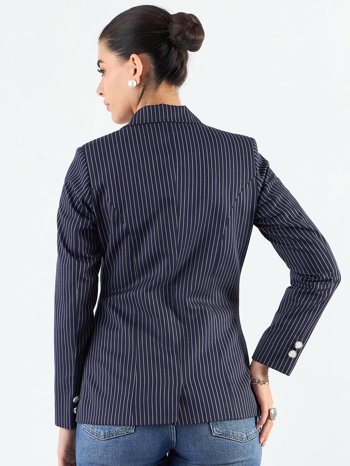 PowerSutra Blue-Striped Structured Blazer With Notched Lapel