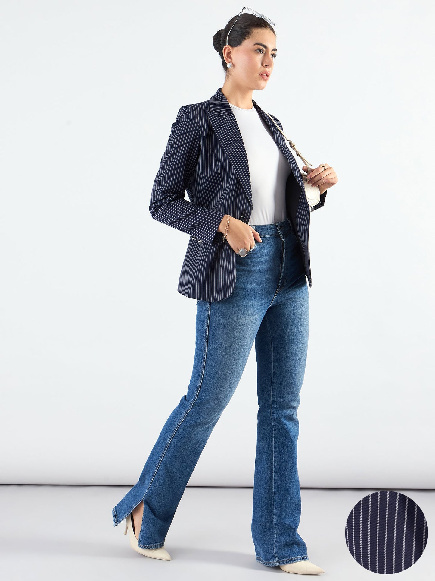 PowerSutra Blue-Striped Structured Blazer With Notched Lapel
