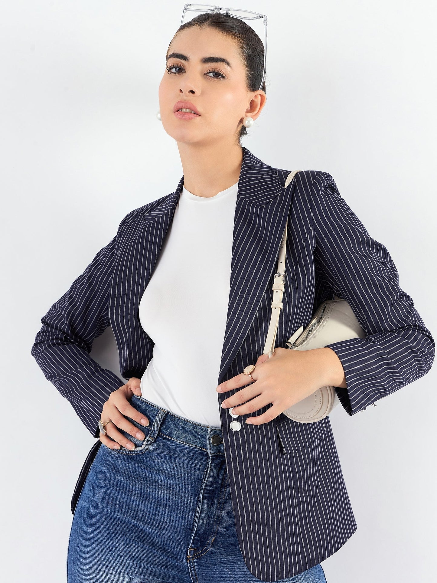 PowerSutra Blue-Striped Structured Blazer With Notched Lapel