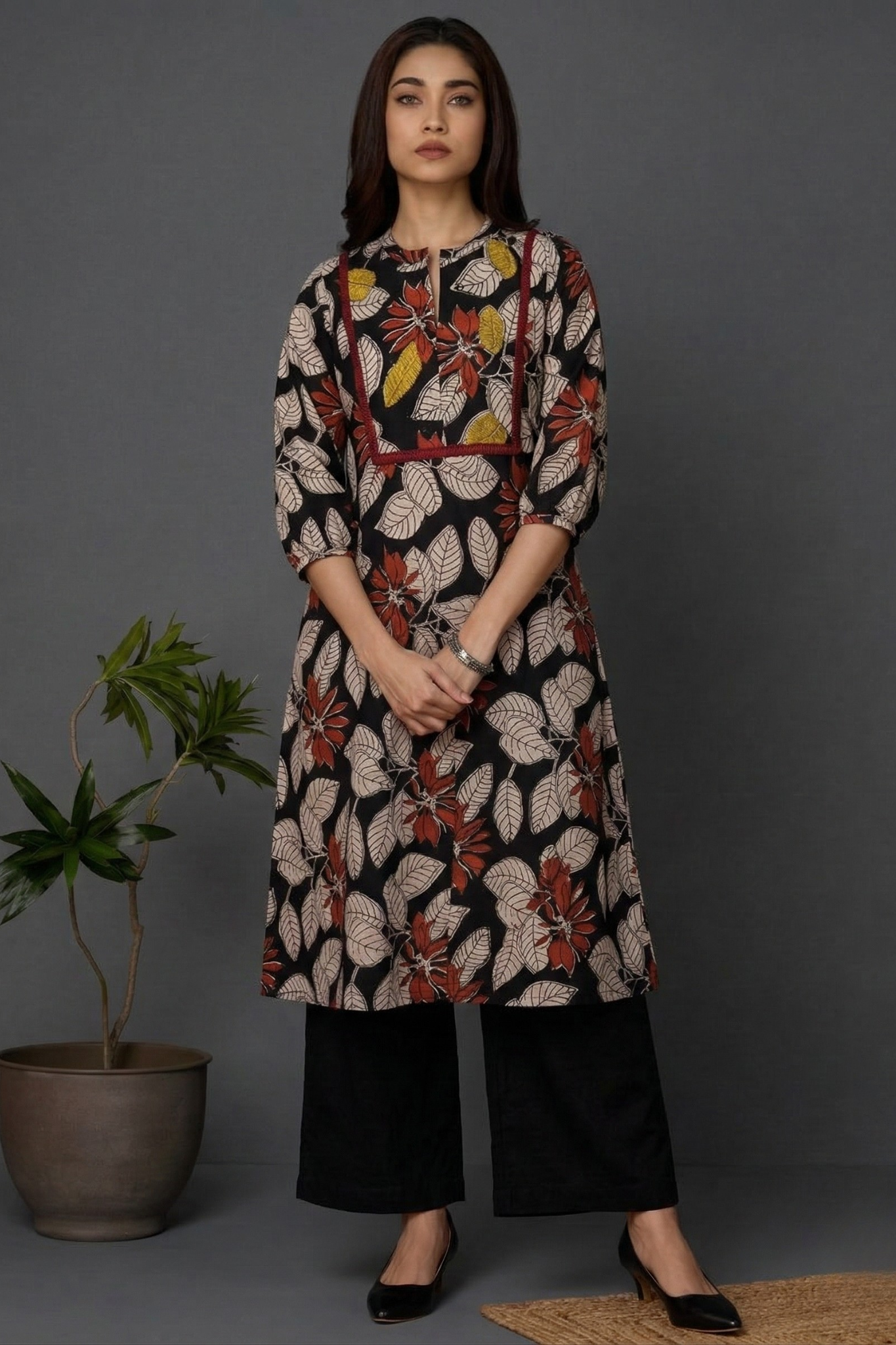 Black_Flora_Bagru_Cotton_Dress_With_Patch_Pocket