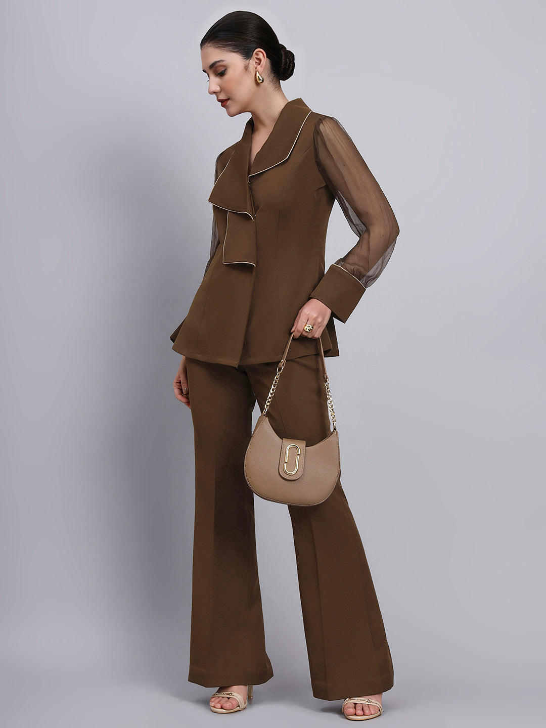 Powersutra Tailored Brown Co-Ord Set Featuring Double Collar Top With Contrast Piping And Flared Pants