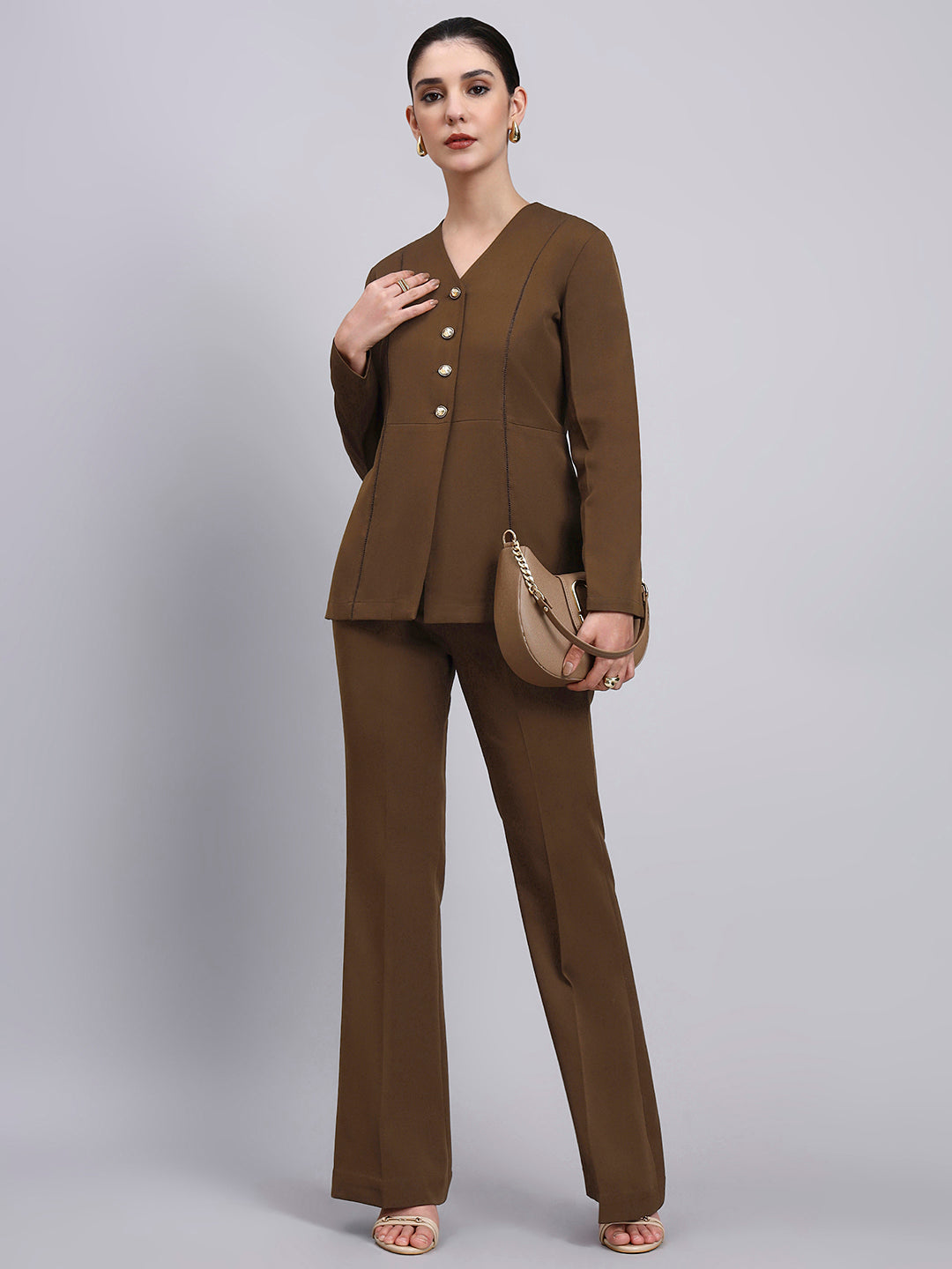 Powersutra Tailored Brown Co-Ord Set Featuring Lace Top With Flared Pants