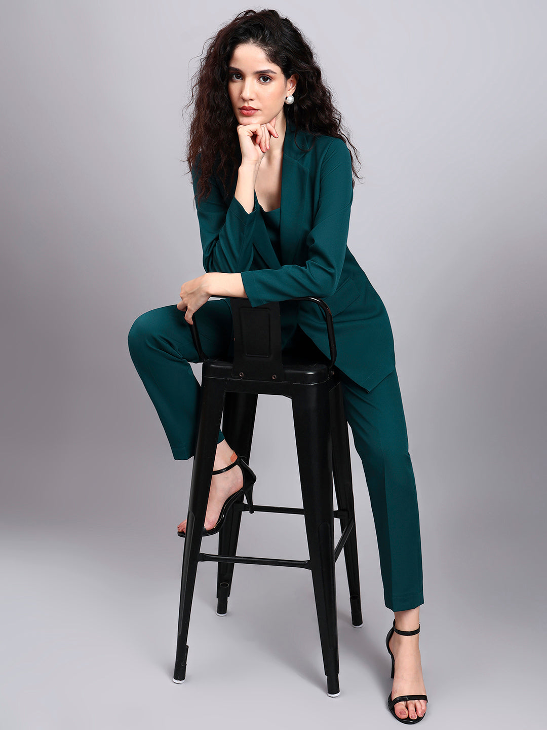 Powersutra Chic Teal Green 3-Piece Set With Overplay Blazer, Camisole & Straight Trousers