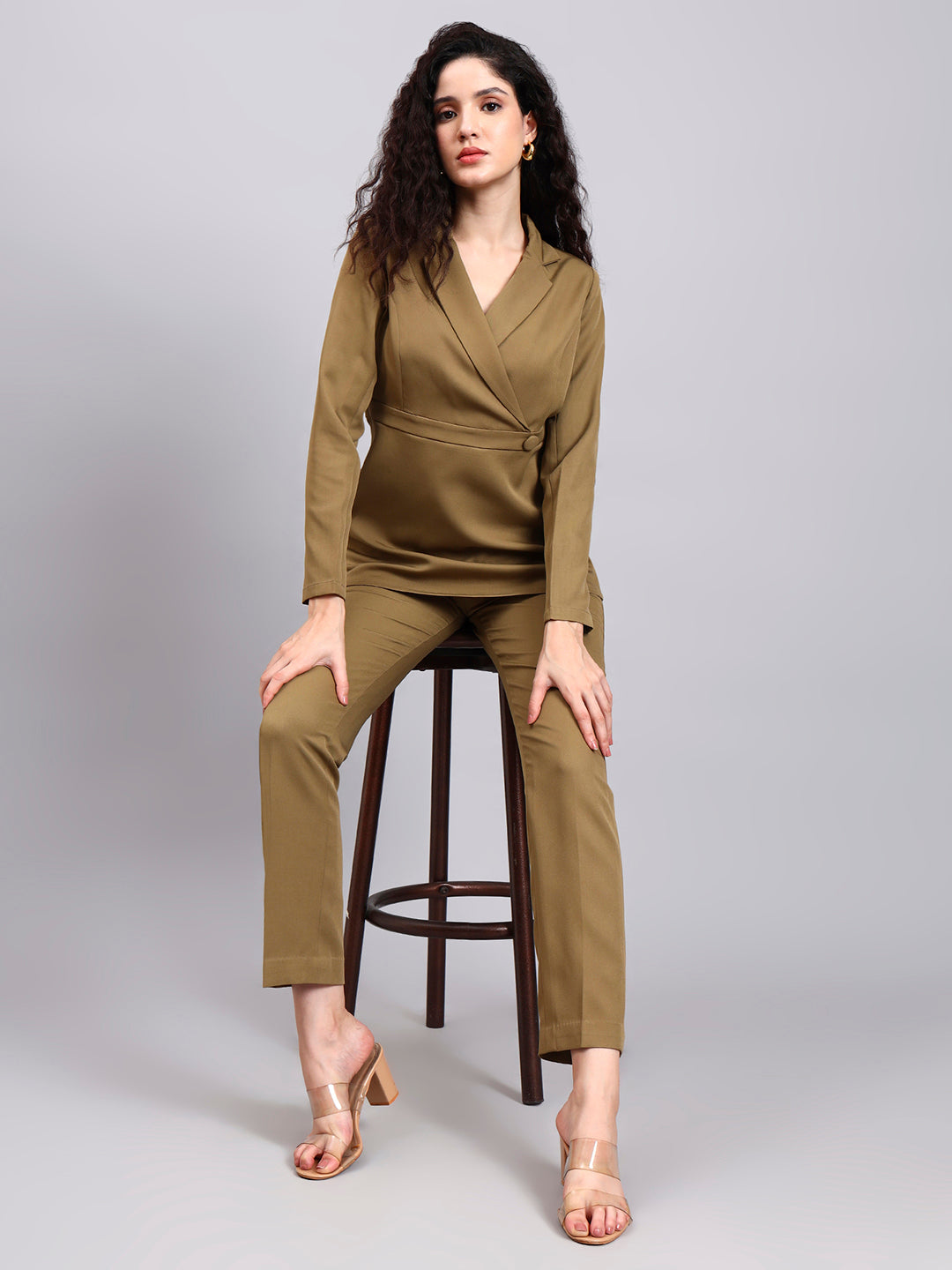 Powersutra Power Dressing Willow Green Co-Ord Set Wrap Top With Straight Trousers
