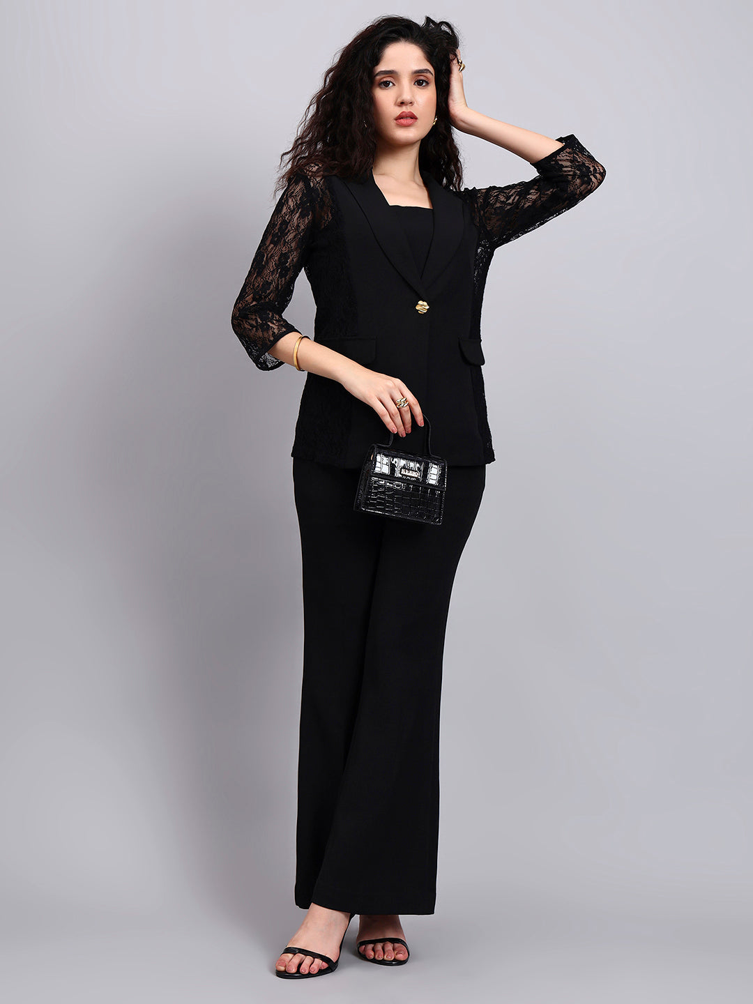 Powersutra Black Lace ÉLan 3-Piece Co-Ord Set With Tailored Blazer, Camisole & Straight Trousers