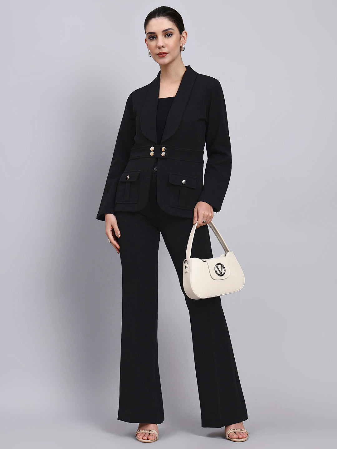 Powersutra Tailored Black Co-Ord Set Featuring Metallic Button With Flared Pants