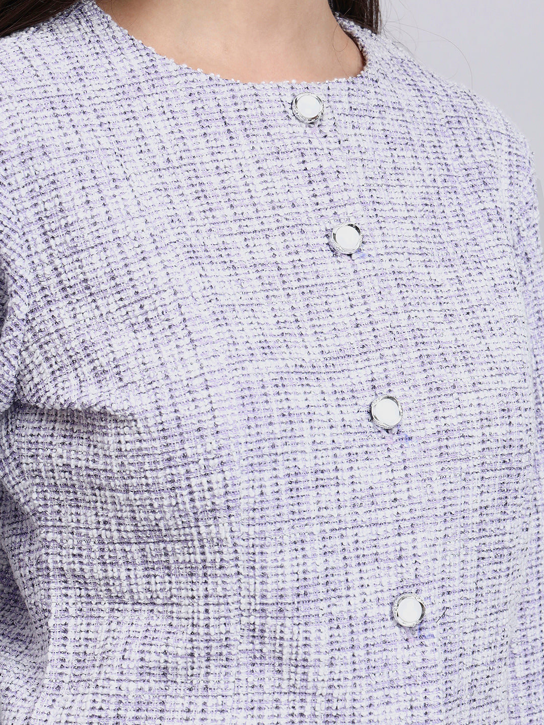 Elegant Lilac Warm Tweed Stretchable Top With Pearl Button Detailing And A Sleek Front-Slit Silhouette Paired With Classic Regular Fit Mid-Rise Parallel Trousers