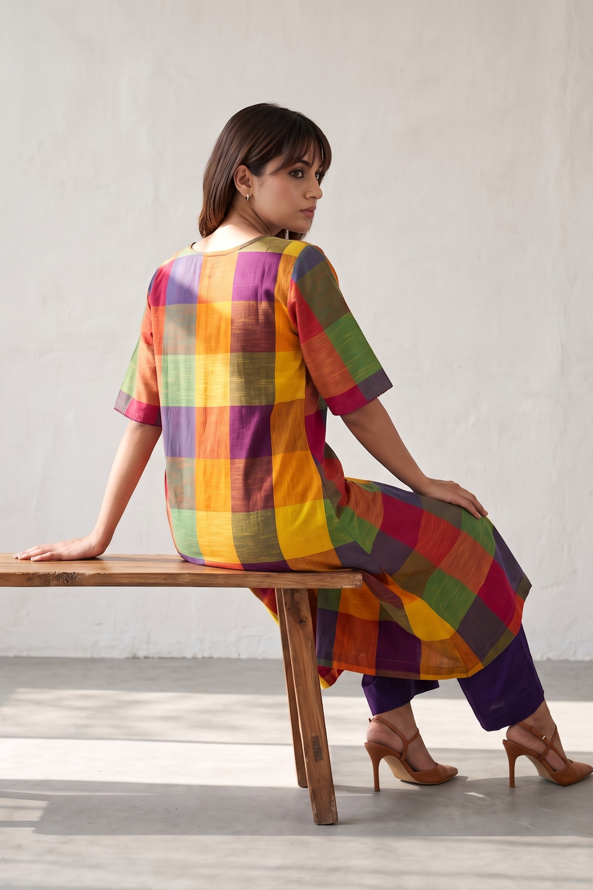Carnival Madras Checks Cotton Side Button Adjustable Slit Kurta Mc