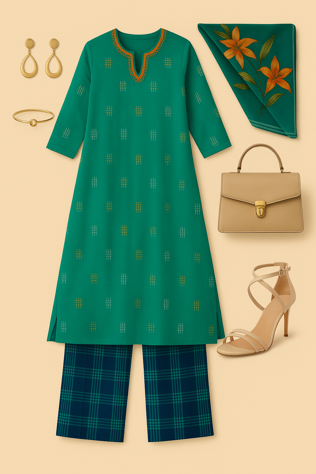 Maati Craft Co-ord Set Coastline Checks Long Kurta with Side Twist