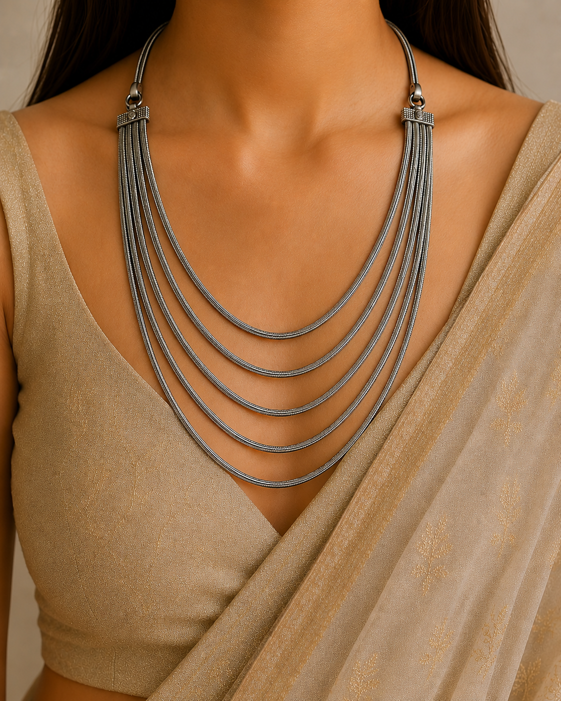 Oxori Silver Look Alike Oxidised Layered Chain Necklace