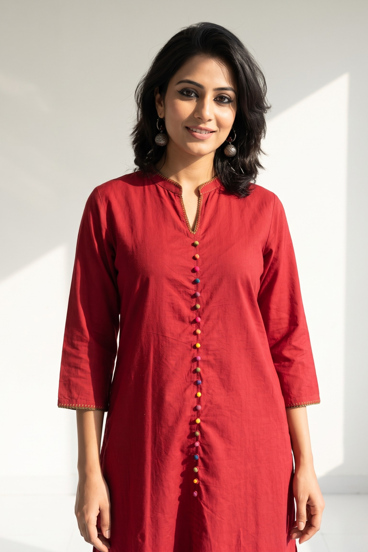 Co Ord Set Crimson Cotton Classic Button Down Kurta Top With Flared Skirt Mc