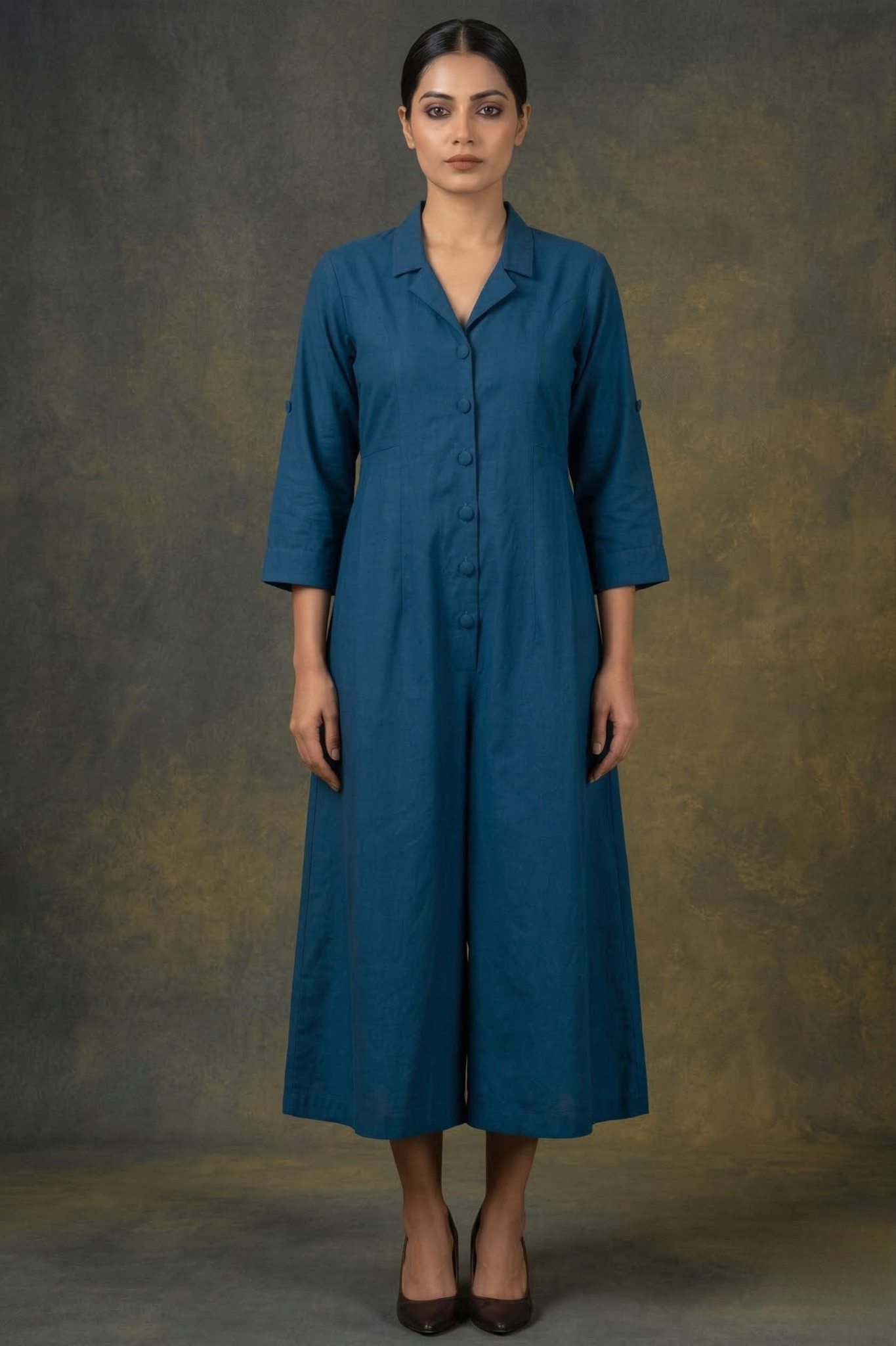 Cobalt Depths Poplin Jumpsuit With Pockets & Collar Mc