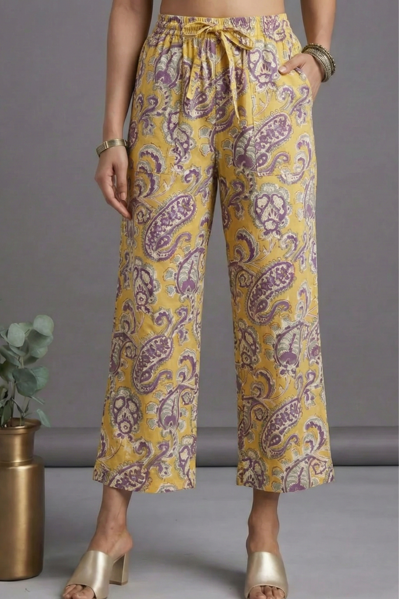 Comfort fit pants - Yellow Purple Paisley Hand block printed Cotton