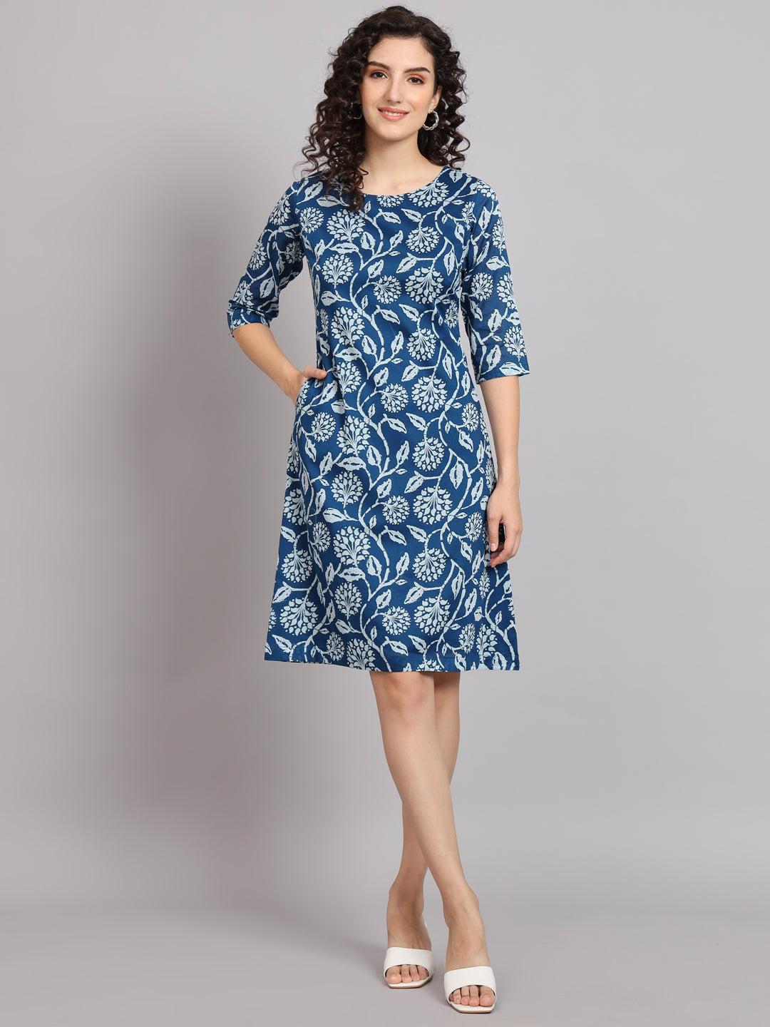 PowerSutra A line Cotton Printed Dress - Blue