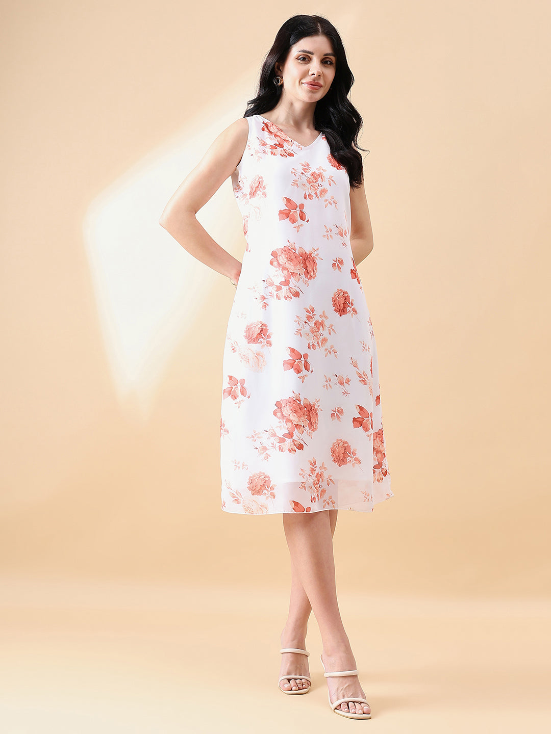 PowerSutra Georgette Printed floral A-Line dress- Peach