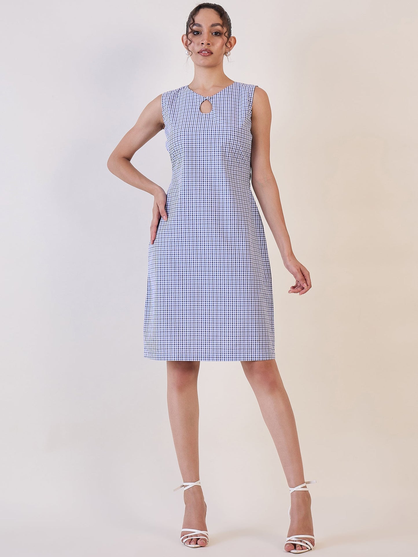 PowerSutra Blue & White Gingham Check Cotton Shift Dress