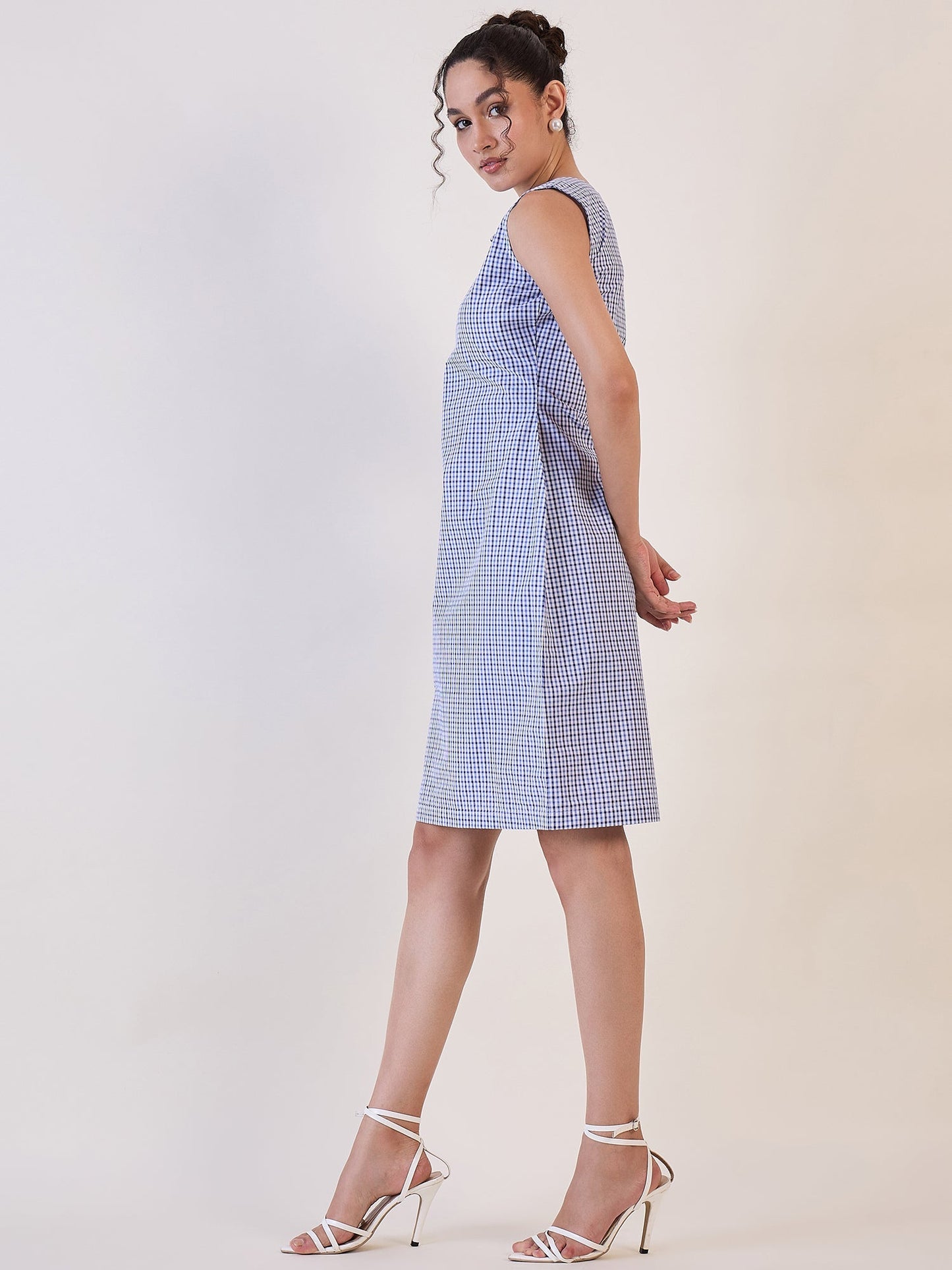 PowerSutra Blue & White Gingham Check Cotton Shift Dress