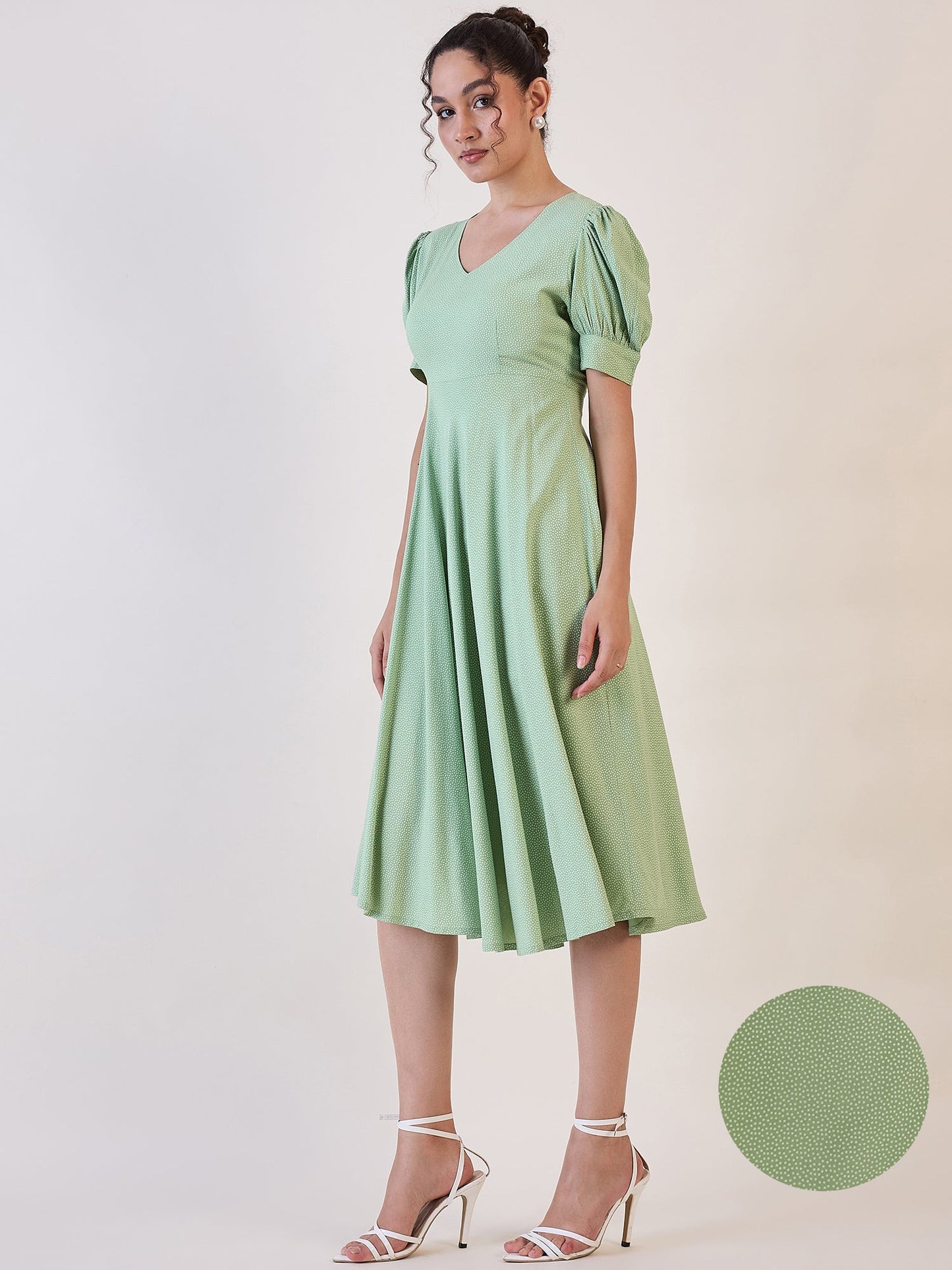PowerSutra Olive Dotted Fit & Flare Dress