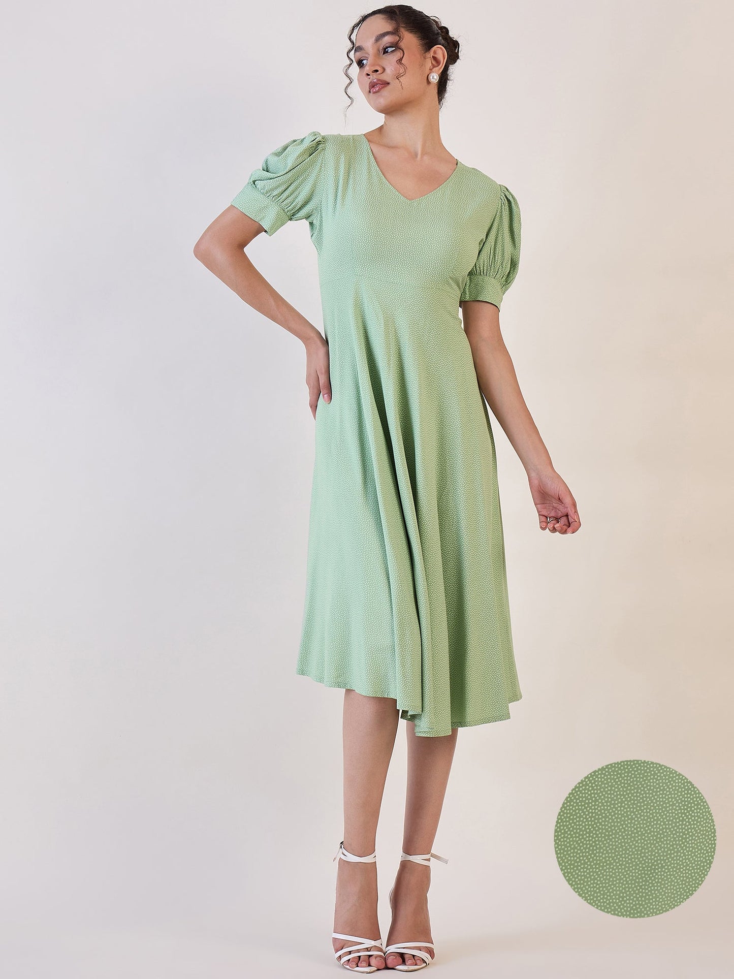 PowerSutra Olive Dotted Fit & Flare Dress