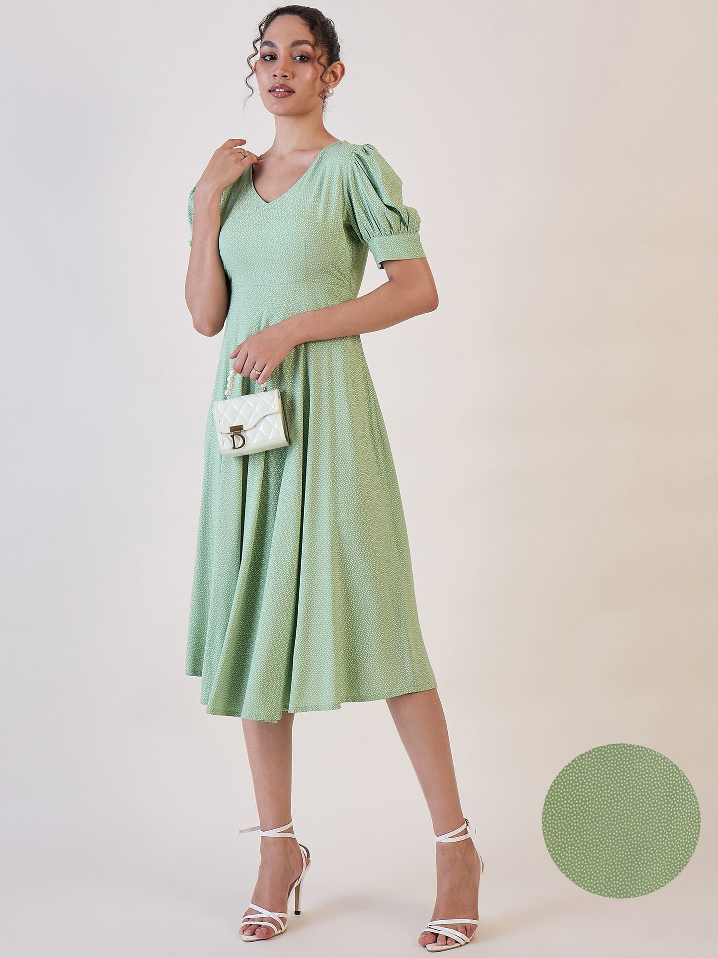 PowerSutra Olive Dotted Fit & Flare Dress