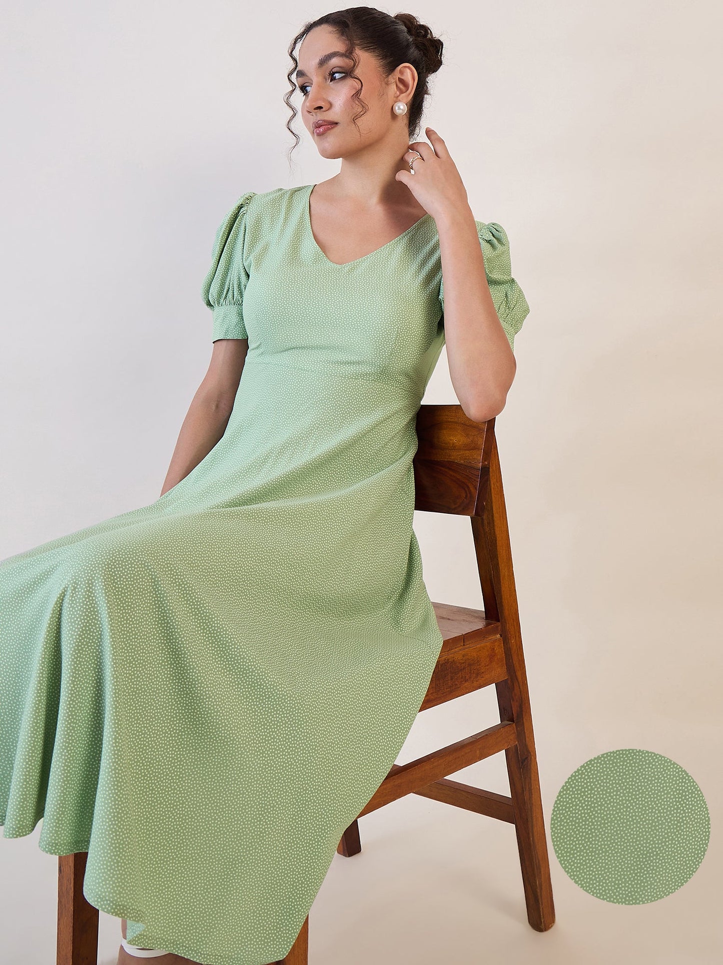 PowerSutra Olive Dotted Fit & Flare Dress