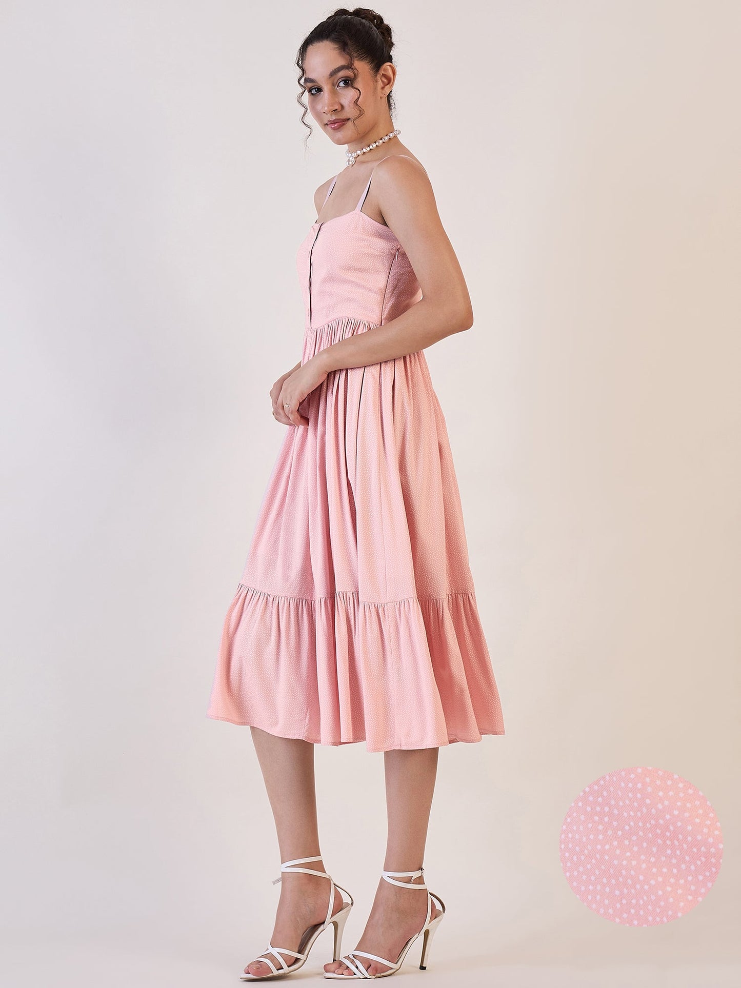 PowerSutra Pink Dotted Strappy Fit And Flare Dress