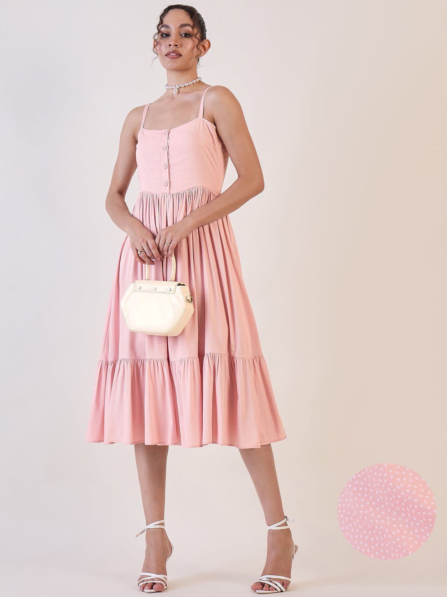 PowerSutra Pink Dotted Strappy Fit And Flare Dress