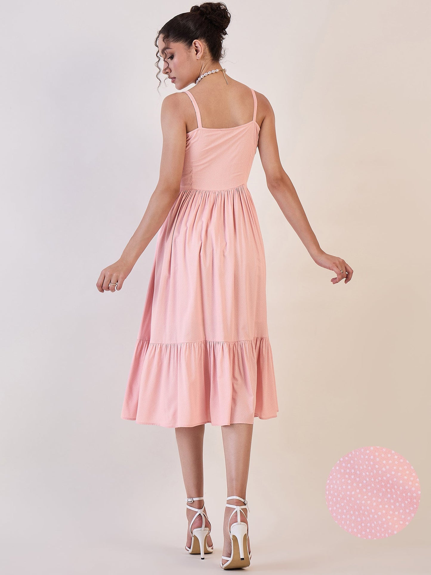 PowerSutra Pink Dotted Strappy Fit And Flare Dress