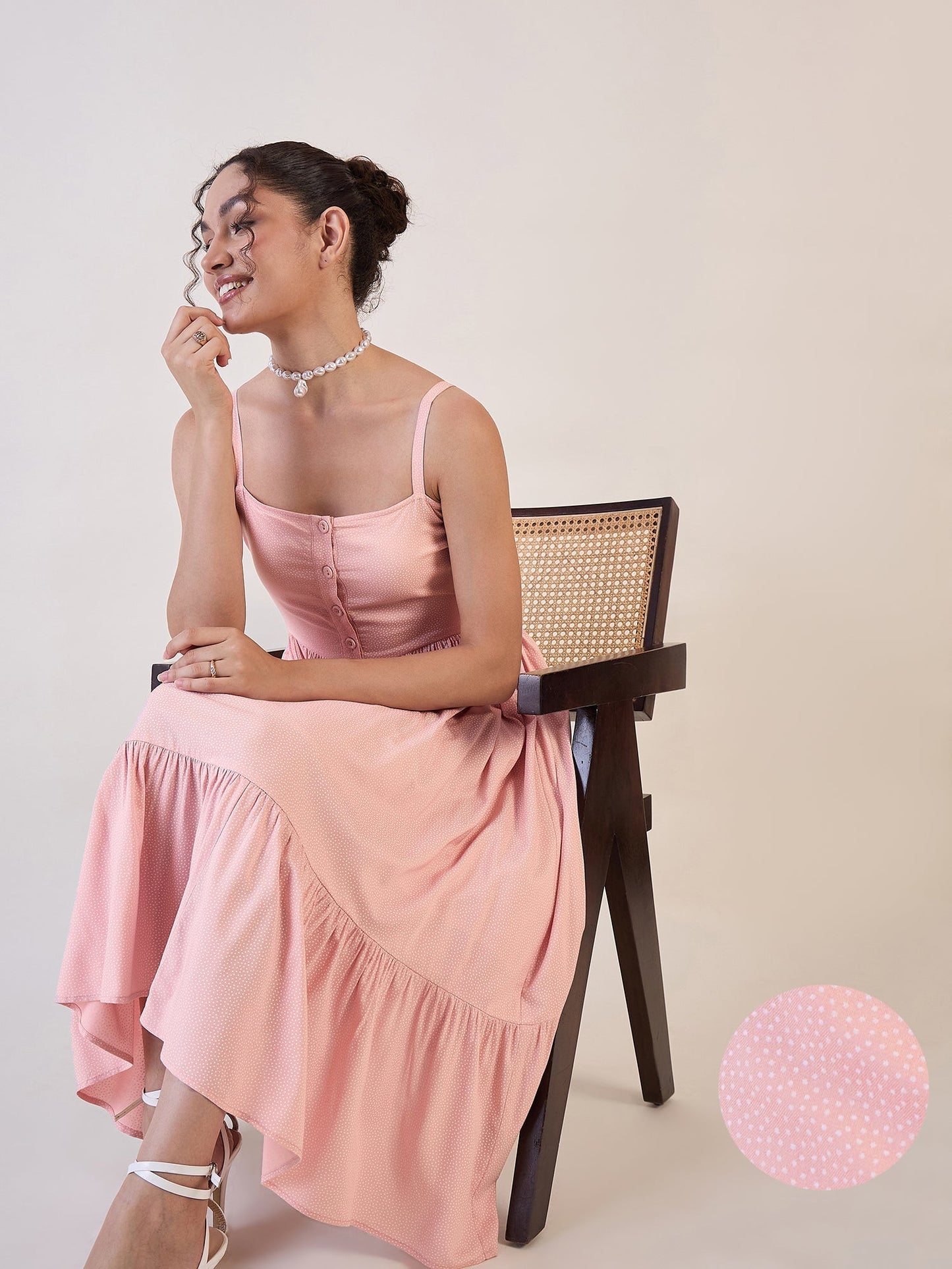 PowerSutra Pink Dotted Strappy Fit And Flare Dress