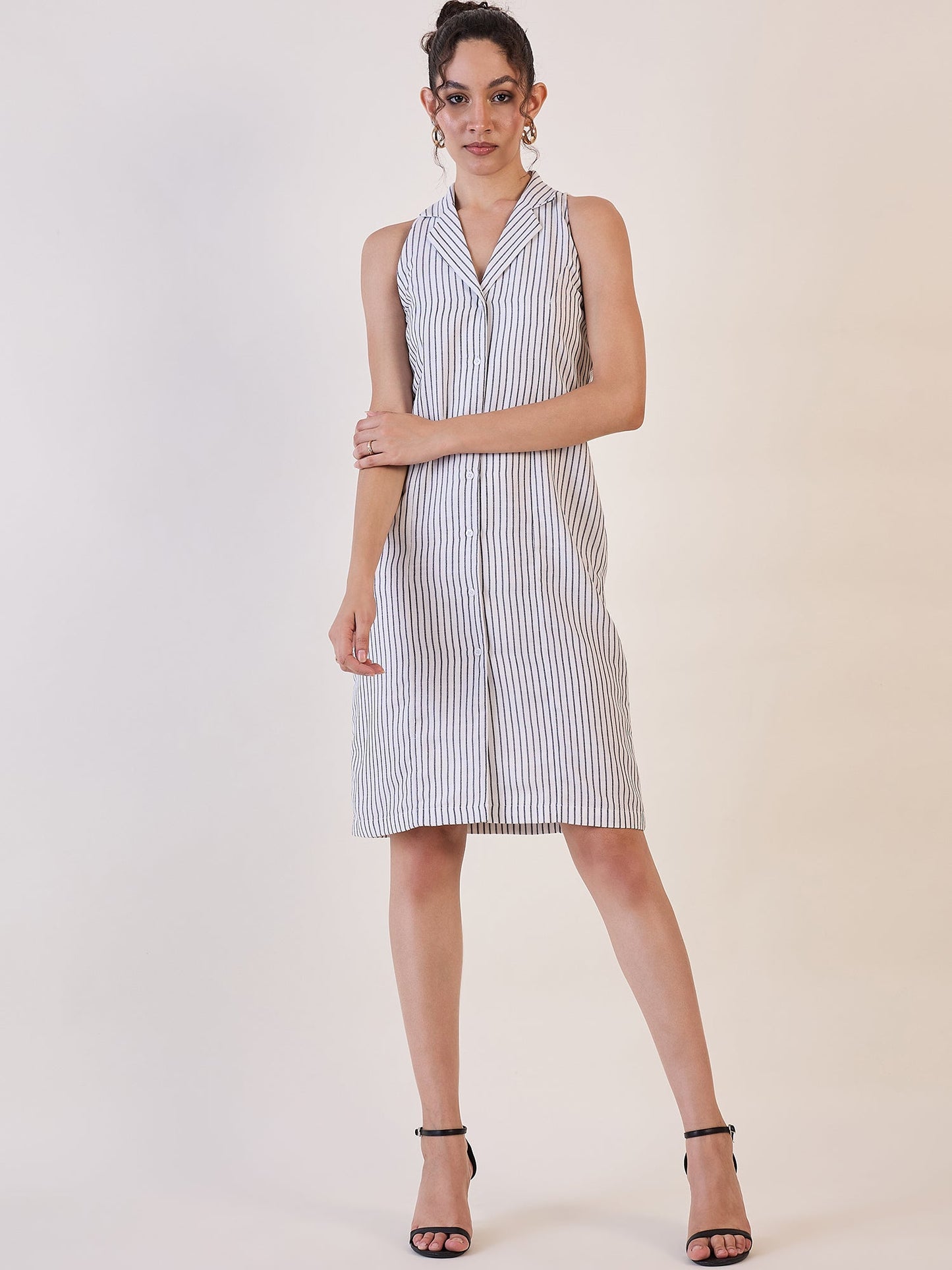 PowerSutra White Stripe Notch Collar Sheath Dress