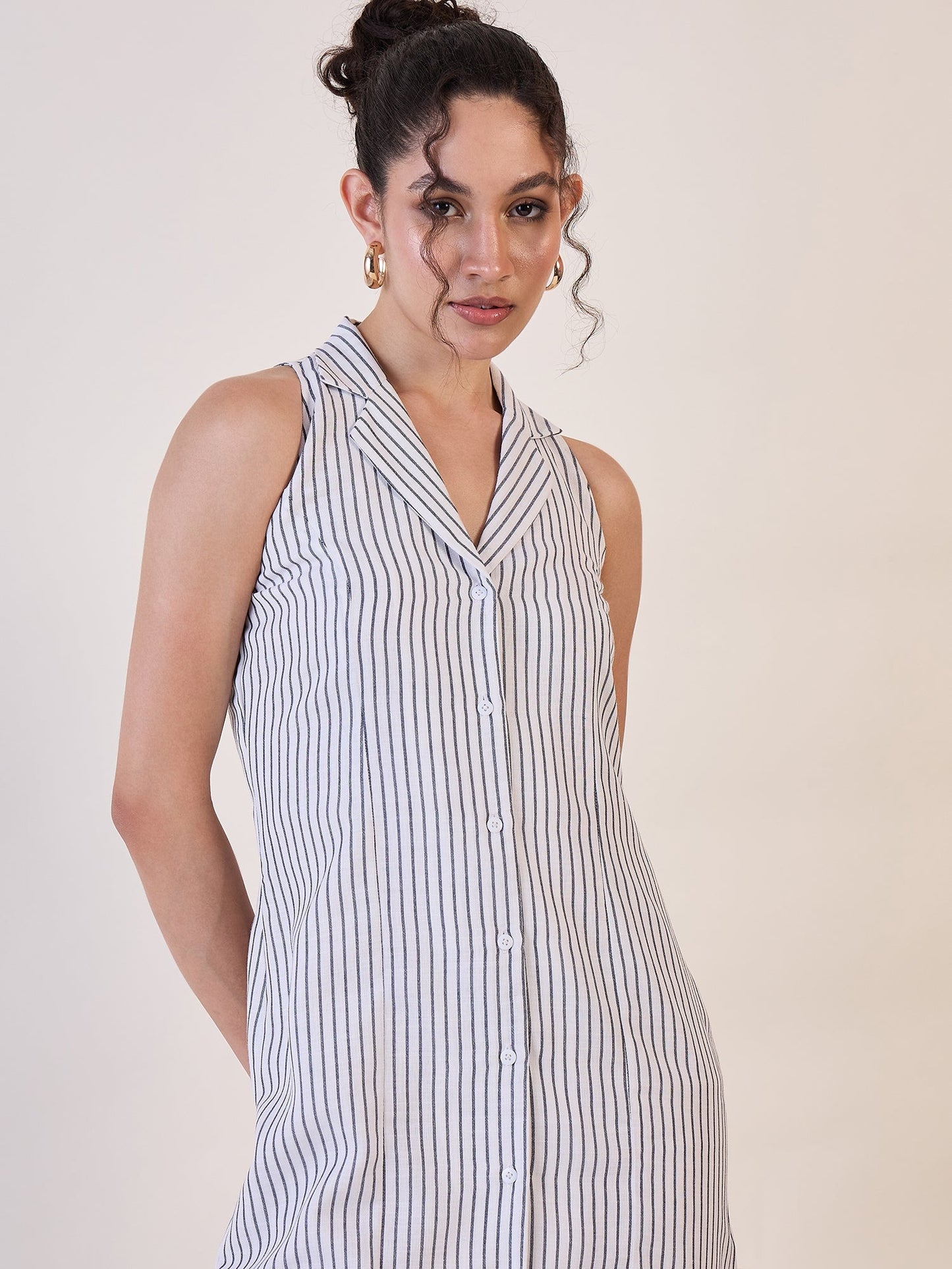 PowerSutra White Stripe Notch Collar Sheath Dress