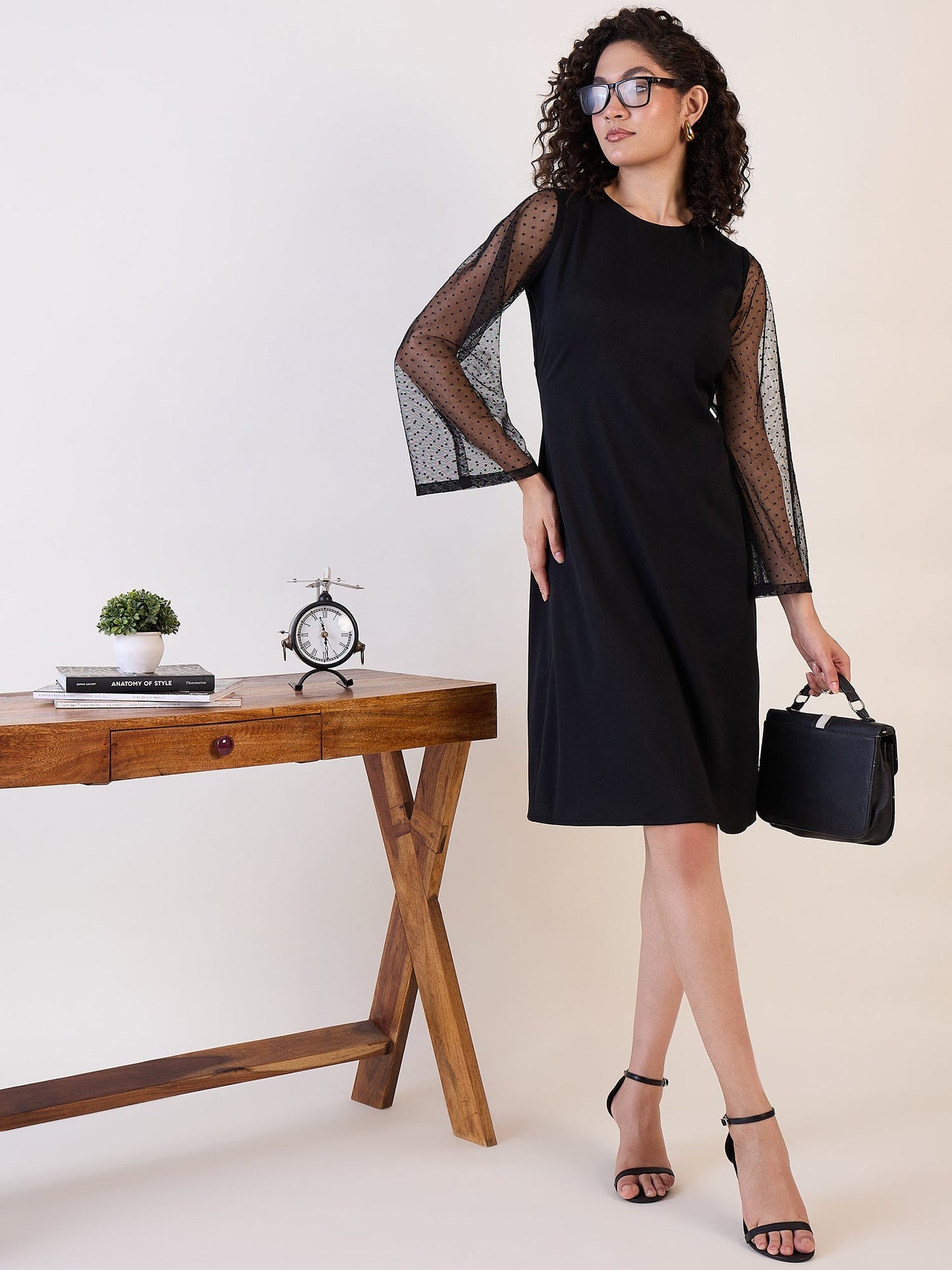 PowerSutra Black Sheer Sleeve A - Line Dress