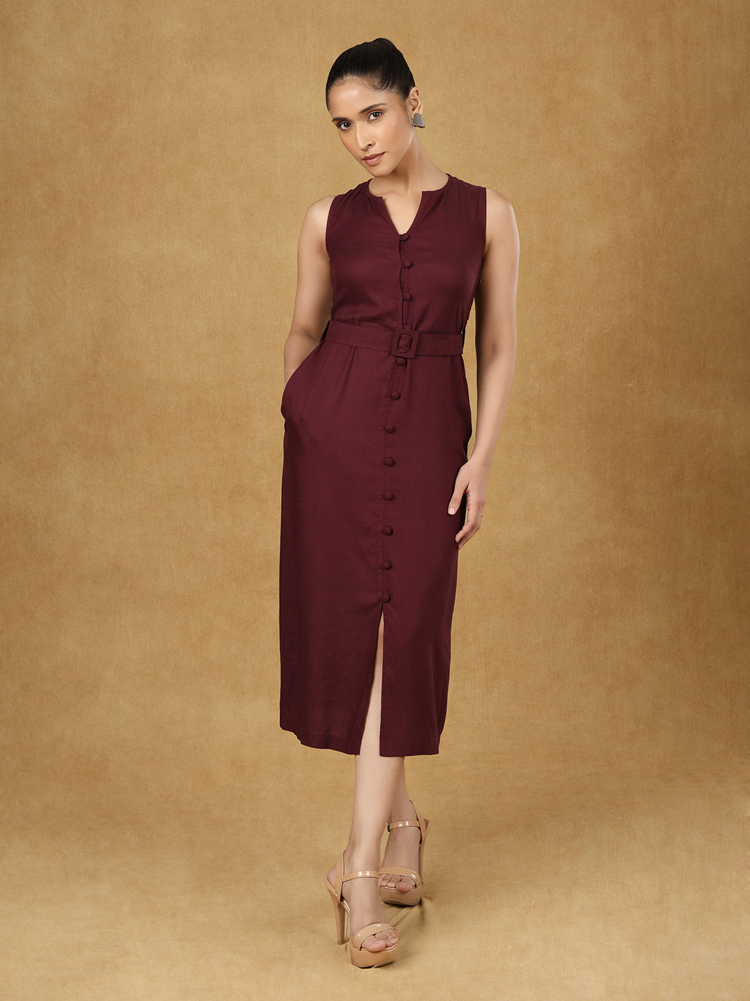 PowerSutra Burgundy Sleeveless Belted Dress