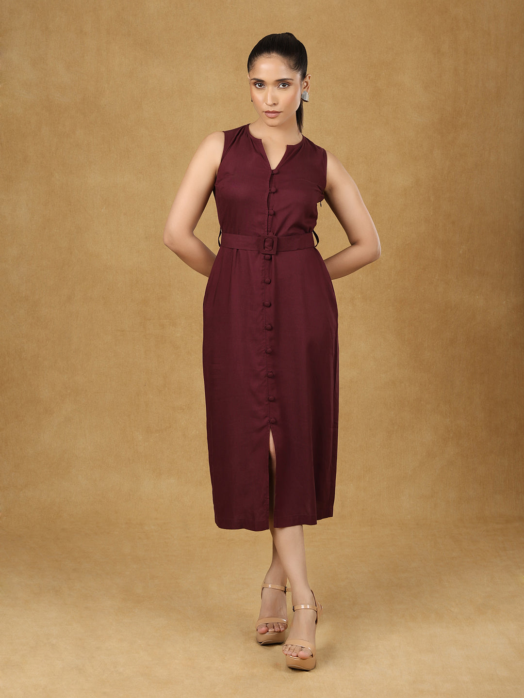 PowerSutra Burgundy Sleeveless Belted Dress