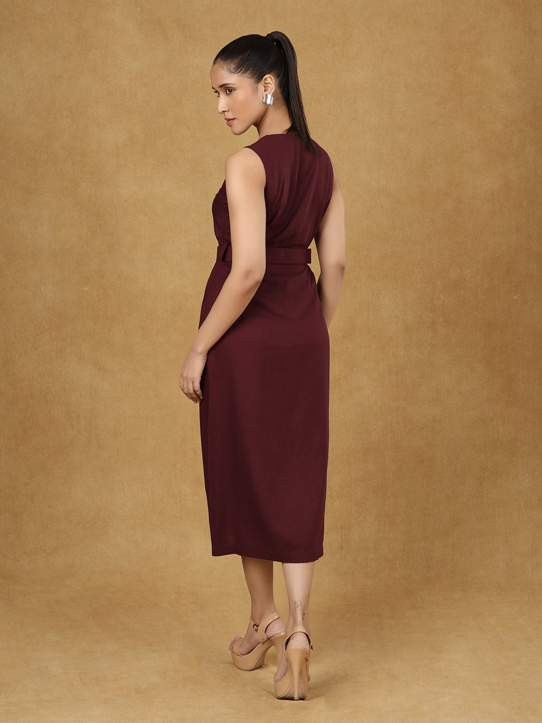 PowerSutra Burgundy Sleeveless Belted Dress