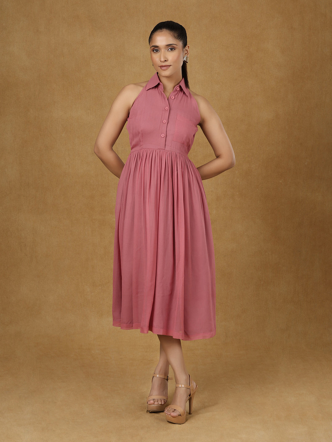 PowerSutra Pink Collar Halter Neck Dress