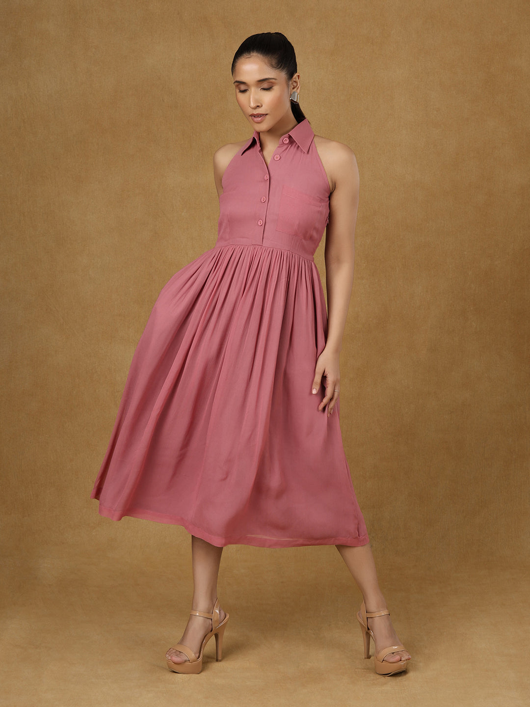 PowerSutra Pink Collar Halter Neck Dress